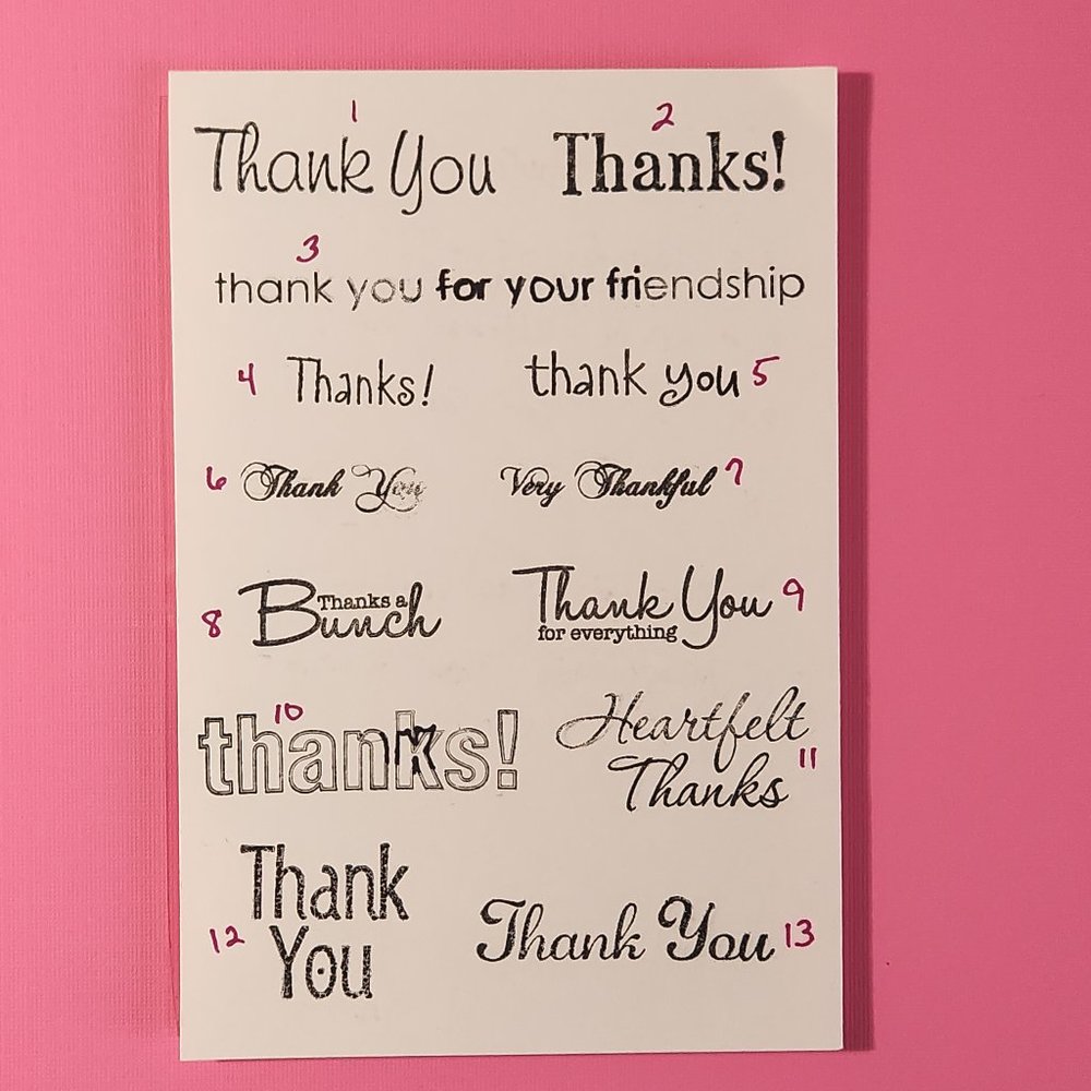 #187 THANK YOU STAMP SET: 13 THANK YOU SENTIMENTS, FRIENDSHIP